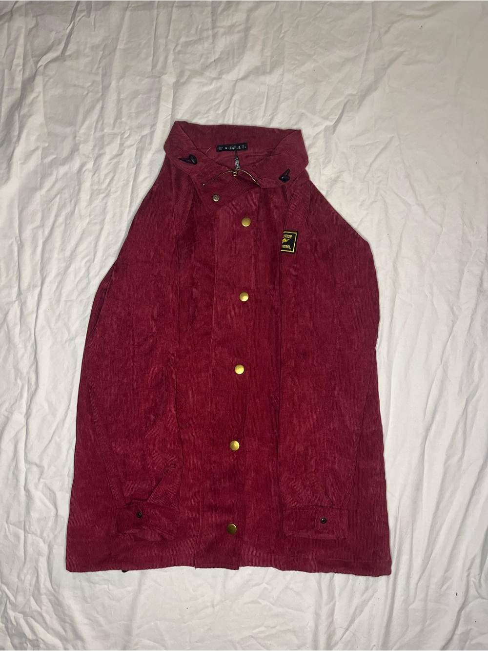 Zaful Women’s Corduroy M Jacket in Burgundy with Yellow Patch